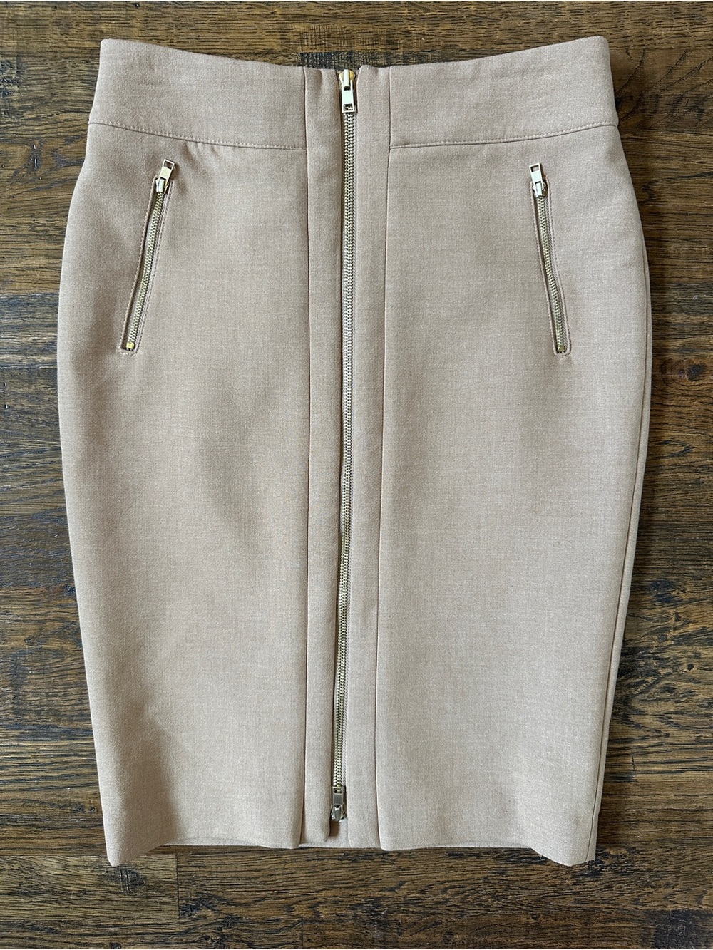 Ann Taylor Camel Full Front Gold Zip Pencil Straight Career Skirt Size 2 Women’s